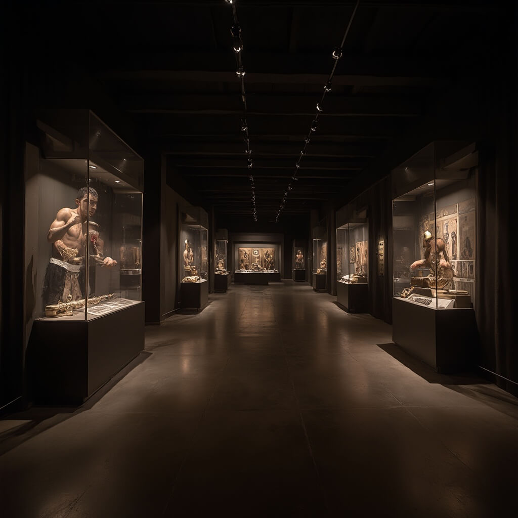 Museum interior of the Muhammad Ali Center featuring dramatic lighting over boxing memorabilia and cultural artifacts, emphasizing the storytelling aspects of the exhibits without human presence