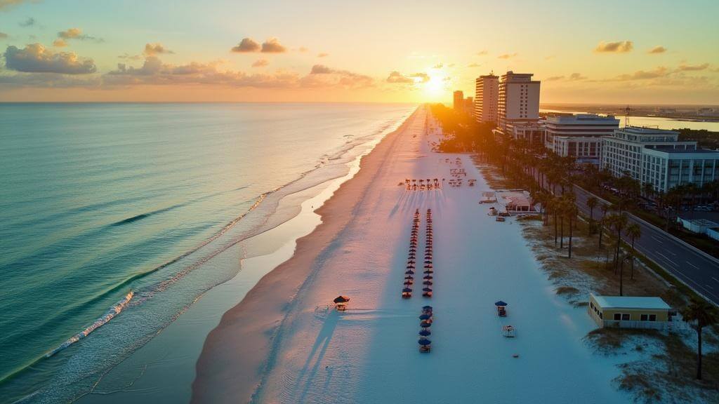 "Aerial view of Myrtle Beach at sunset with calm turquoise ocean, white sandy beach, palm trees, beach chairs, umbrellas, and oceanfront resorts, showcasing tranquility and vastness"