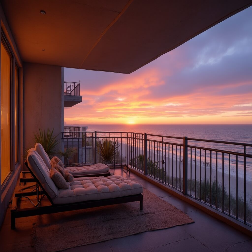Luxurious oceanfront balcony at sunset in Grande Dunes, Myrtle Beach with plush chairs, ambient lighting, and view of calm Atlantic waters under orange, purple sky