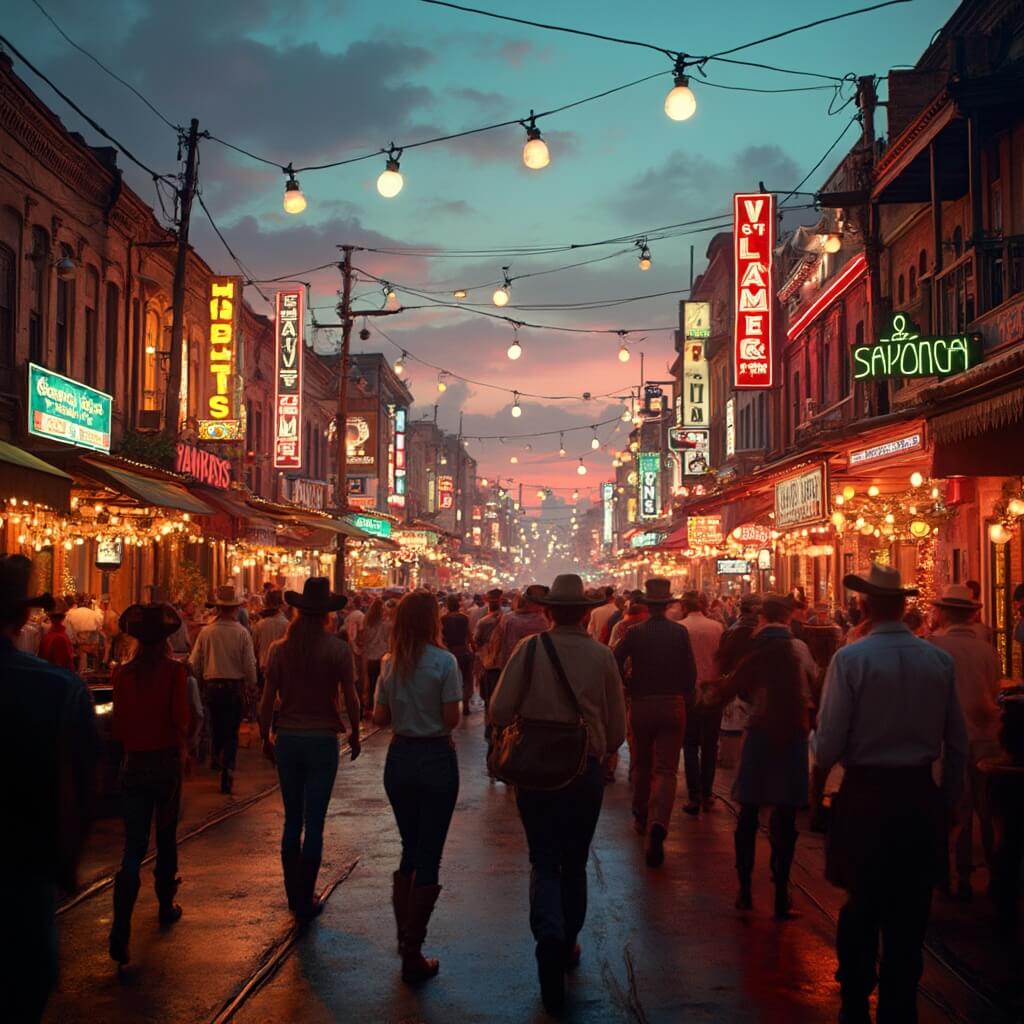 Honky Tonk Highway on Broadway at twilight, bustling with music lovers in western attire, neon signs illuminating packed bars and live music venues