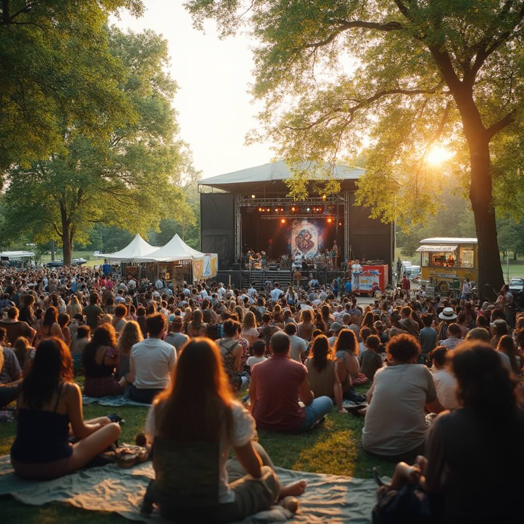 Diverse crowd enjoying an outdoor music festival in a Nashville park at golden hour, musicians of various ethnicities perform on stage, with food trucks and eco-friendly vendor stalls in the background
