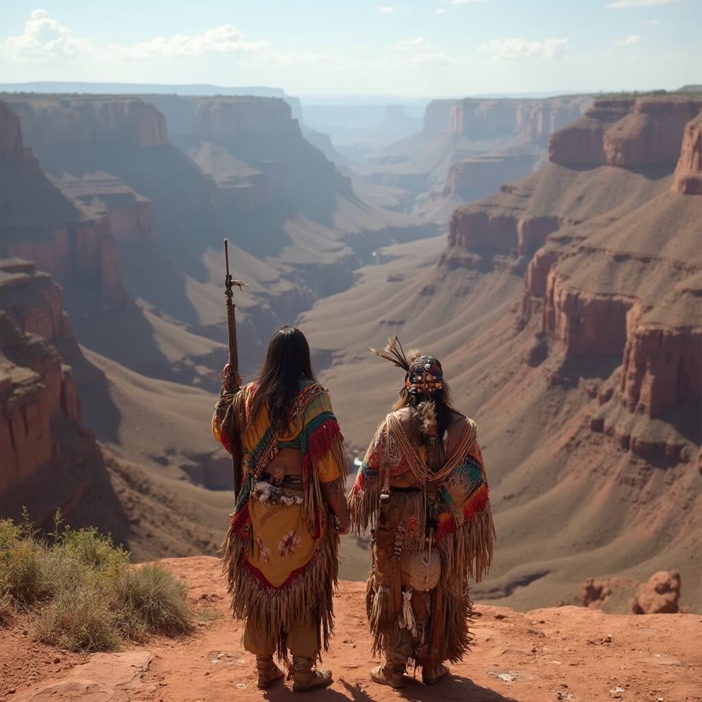 Native American tribal members in traditional attire standing near the canyon, underscoring their cultural bond with the natural environment
