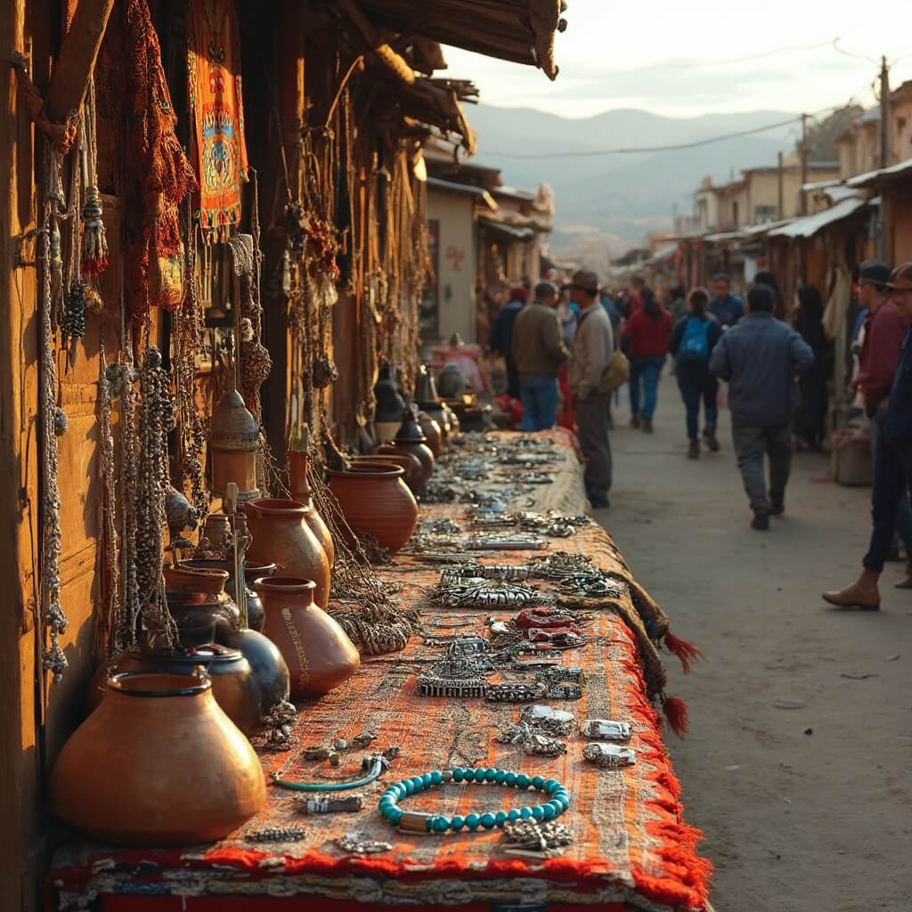 Bustling outdoor artisan market with wooden stalls displaying Native American jewelry and traditional pottery, mountains in the background during golden hour