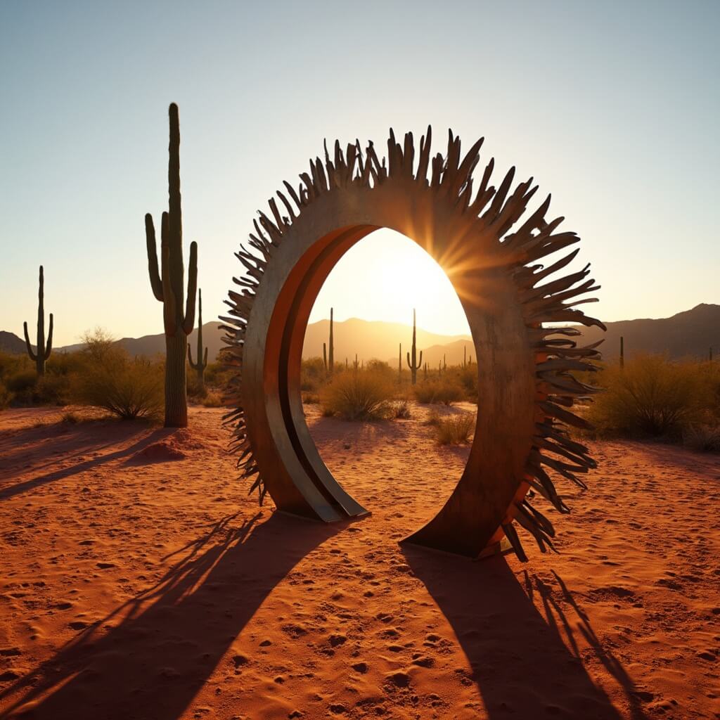 Large-scale Native American sculpture installation at Heard Museum during golden hour, with saguaro cacti silhouettes and sunlight illuminating bronze surfaces