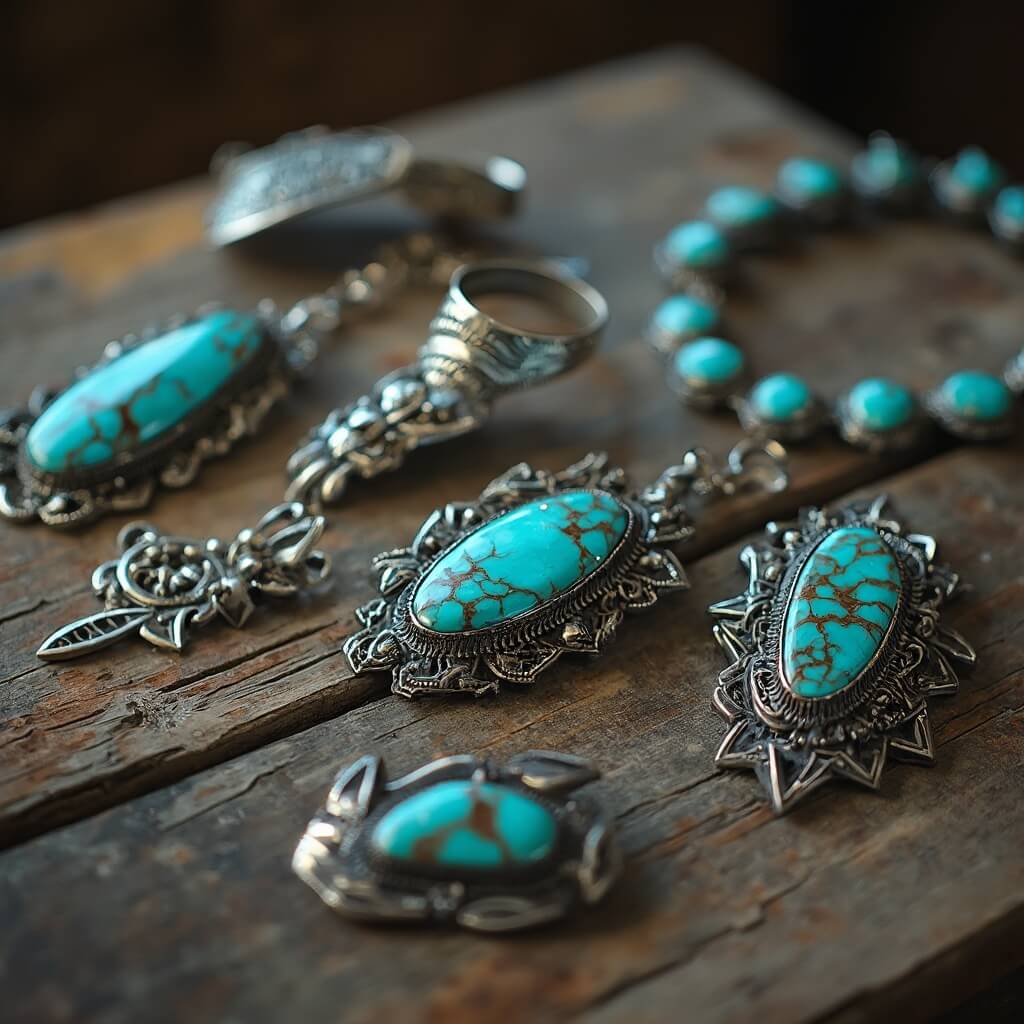 Handcrafted Native American turquoise and silver jewelry displayed on a weathered wooden surface
