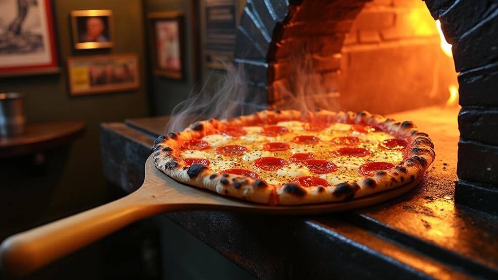 "New Haven-style apizza with charred crust, bubbling edges, sparse mozzarella, and bright red sauce emerging from a fiery coal oven in a rustic, brick-walled pizzeria illuminated by warm firelight."