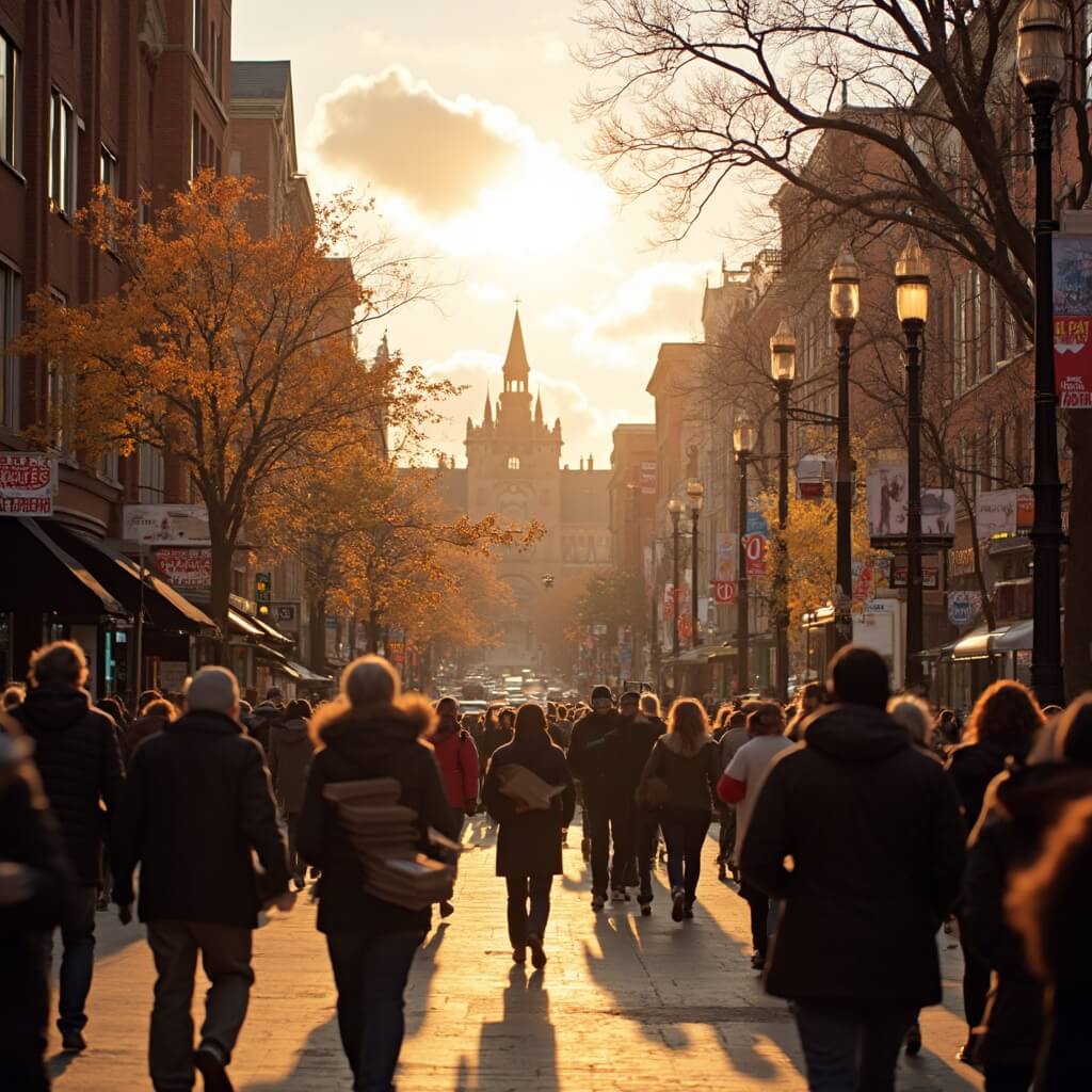 Downtown New Haven scene at golden hour with Yale University architecture, locals carrying pizza boxes, and vibrant autumn colors