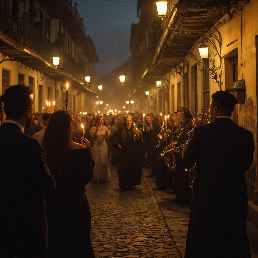 Catholic procession with candle holders passing a historic building in the French Quarter, as a brass band plays nearby, under the glow of gas lamps.