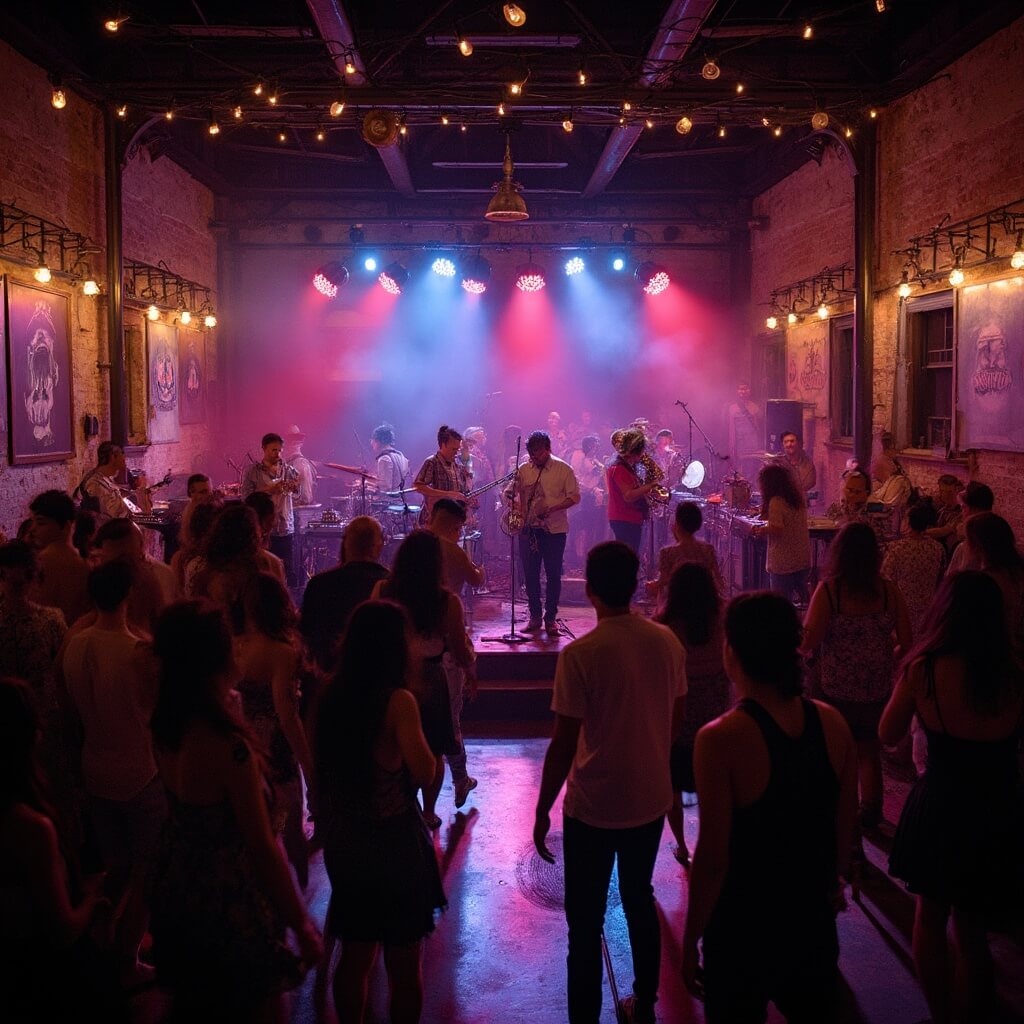 Young brass band performing on stage in contemporary New Orleans music venue with diverse dancing audience, under LED lighting amidst traditional decor and exposed brick walls.