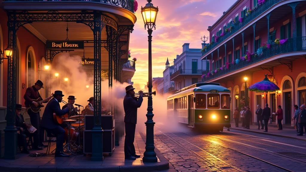 "Jazz band performing on a cobblestone corner in New Orleans' French Quarter at dusk, with musical notes blending with café steam, Mardi Gras masks and Second Line umbrellas in the background, under Bourbon Street sign and passing streetcar."
