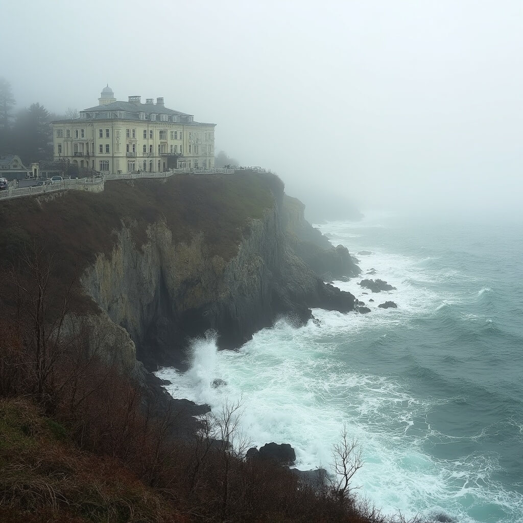 Newport Cliff Walk with historic mansions, rocky coastline and crashing waves in misty morning light