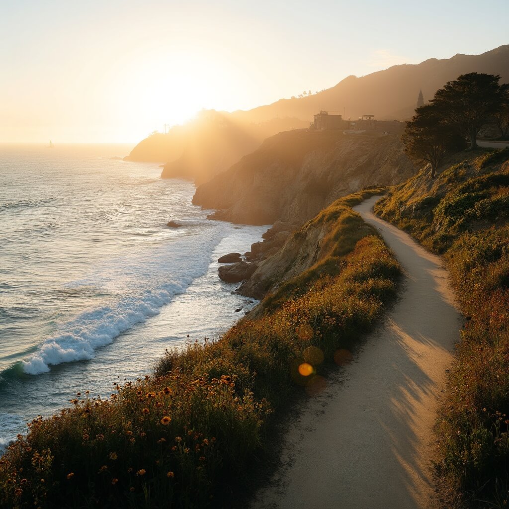 Winding coastal bike path in Newport during golden hour, with rocky cliffs, vibrant vegetation, crashing ocean waves, and distant sailboats on the horizon
