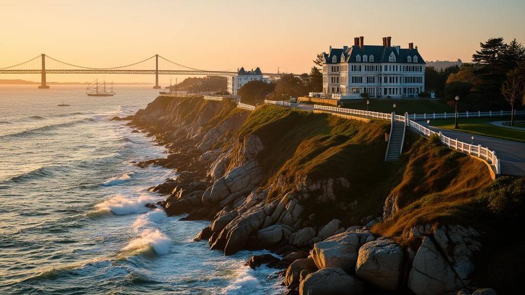 "Aerial view of Newport coast at sunset featuring Cliff Walk, The Breakers mansion, crashing Atlantic waves, sailing vessels in Narragansett Bay, and Newport Bridge"