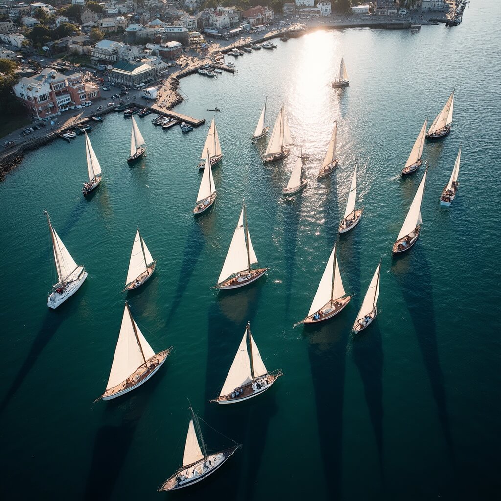 Aerial view of Newport harbor during a yacht regatta with white sailboats in deep blue waters near historic waterfront buildings in late afternoon sunlight