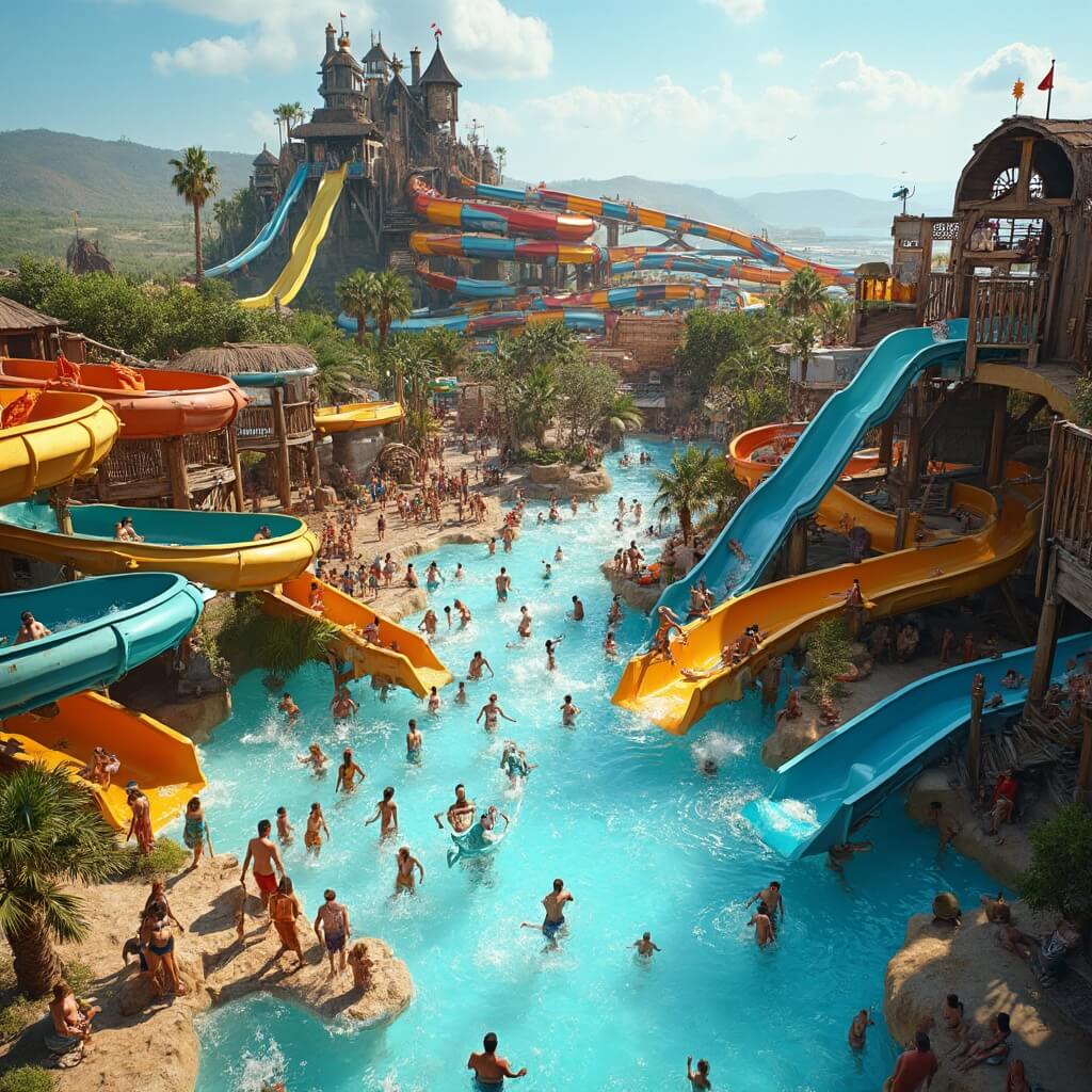 Bustling summertime scene at Noah's Ark Waterpark with colorful slides, crowded with families, and bright sunlight reflecting off water surfaces