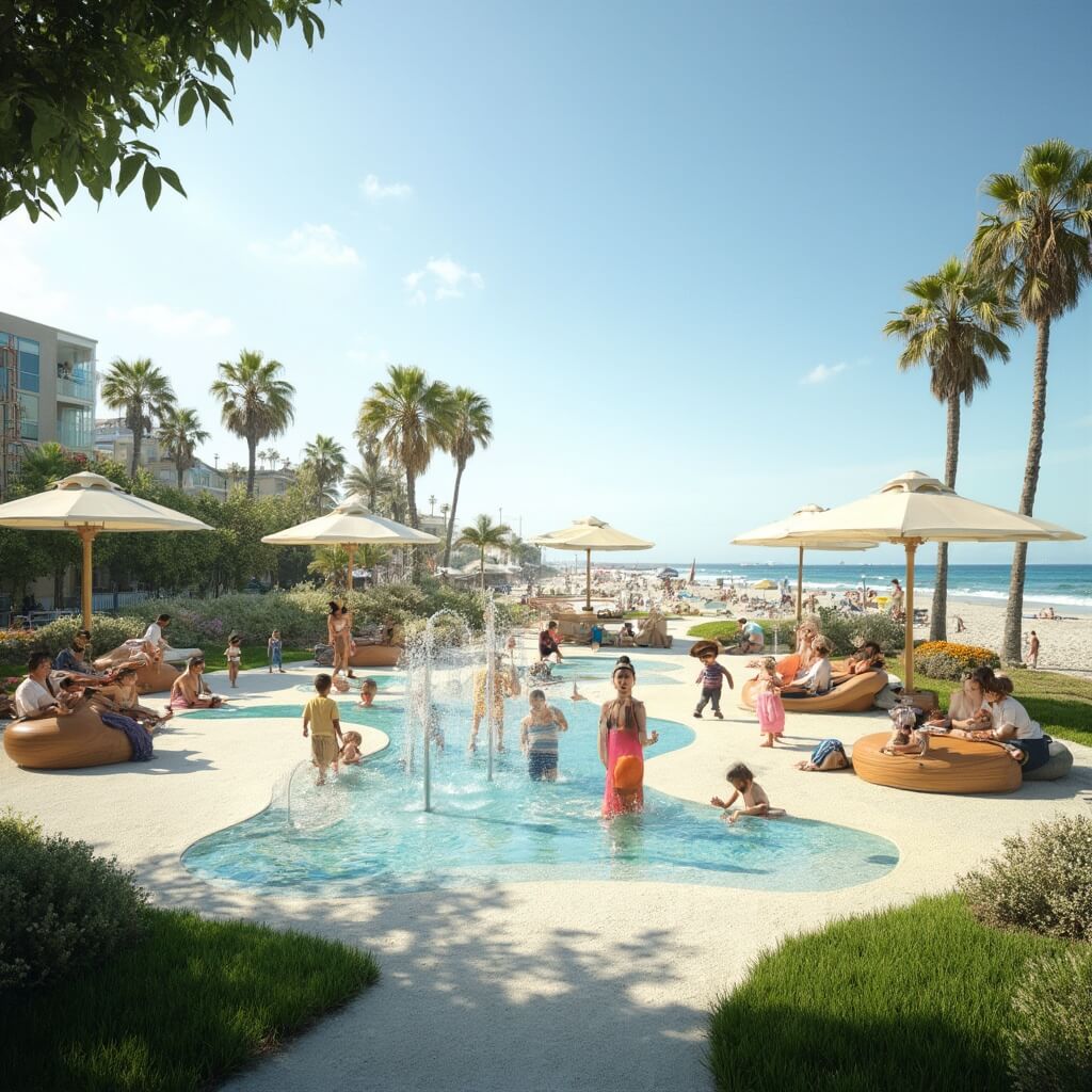 Children playing in a splash pad at North Beach, parents resting under beach umbrellas, surrounded by green spaces near the ocean