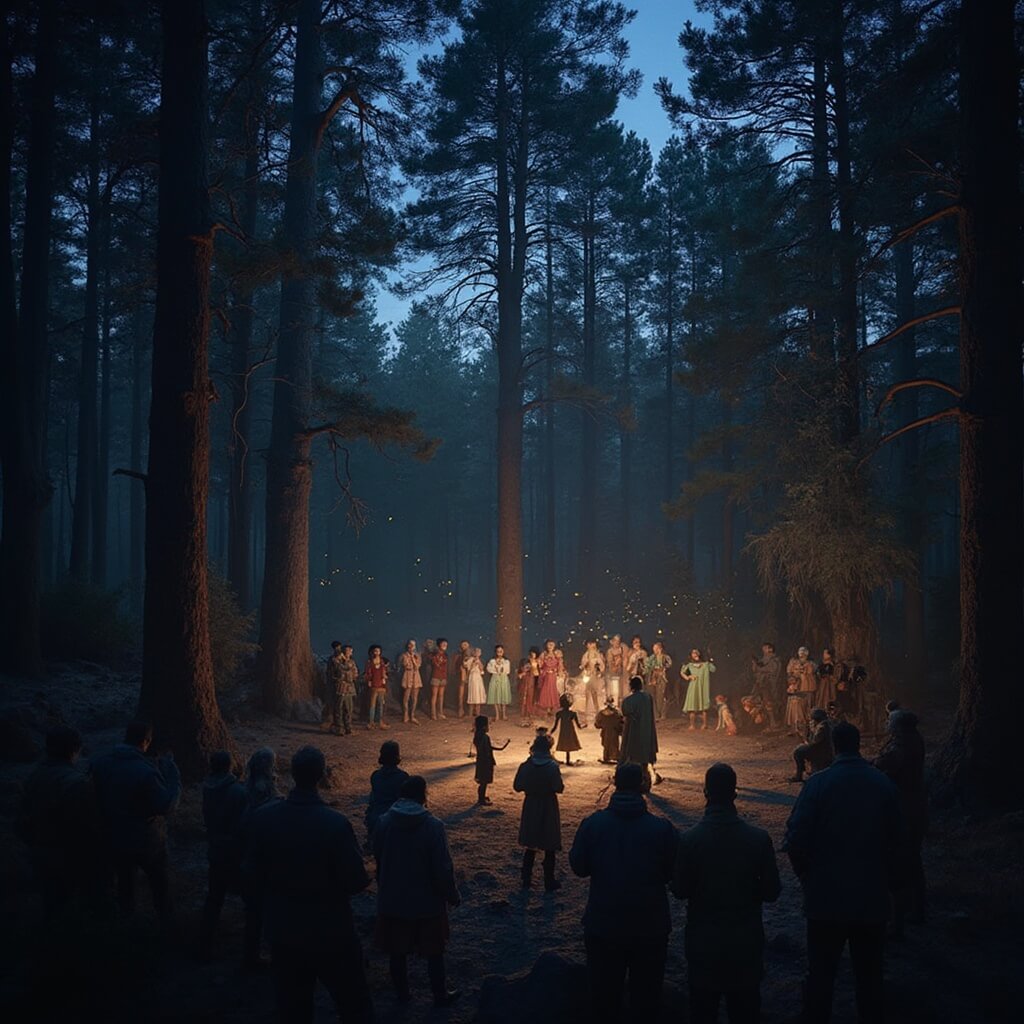Theatrical performance at Northern Sky Theater amidst towering trees, soft ambient light, actors mid-performance and fireflies illuminating the woodland stage at twilight.