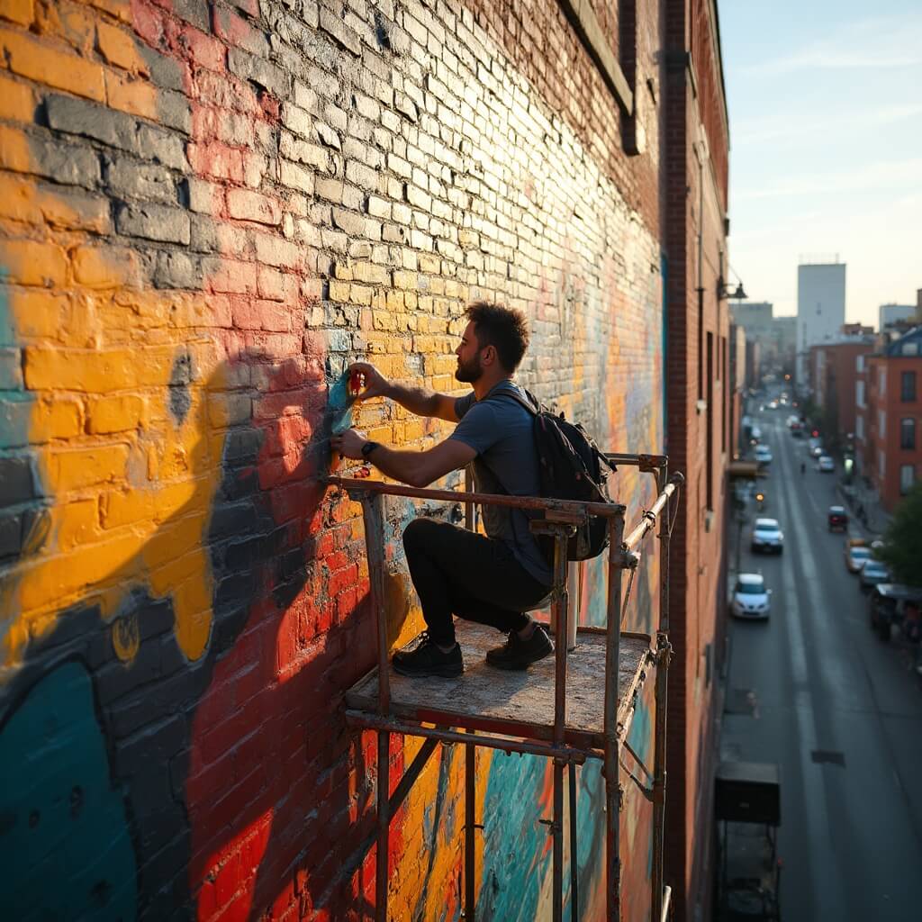 Artist painting a vibrant, large-scale abstract mural representing Louisville culture on a brick warehouse wall in NuLu district, with afternoon sunlight casting shadows across the artwork.