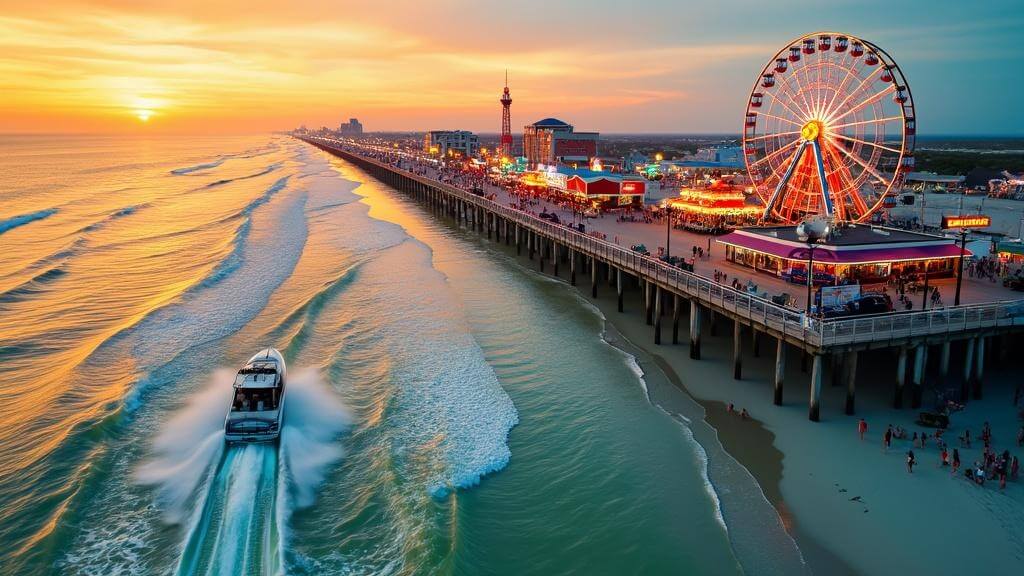 "Aerial view of Ocean City boardwalk during golden hour, showcasing Ferris wheel, amusement rides, lined shops, and restaurants along the beach. Families enjoying the beach, street performances, and a speedboat in the foreground. View extends to Assateague Island with wild ponies along the coastline."