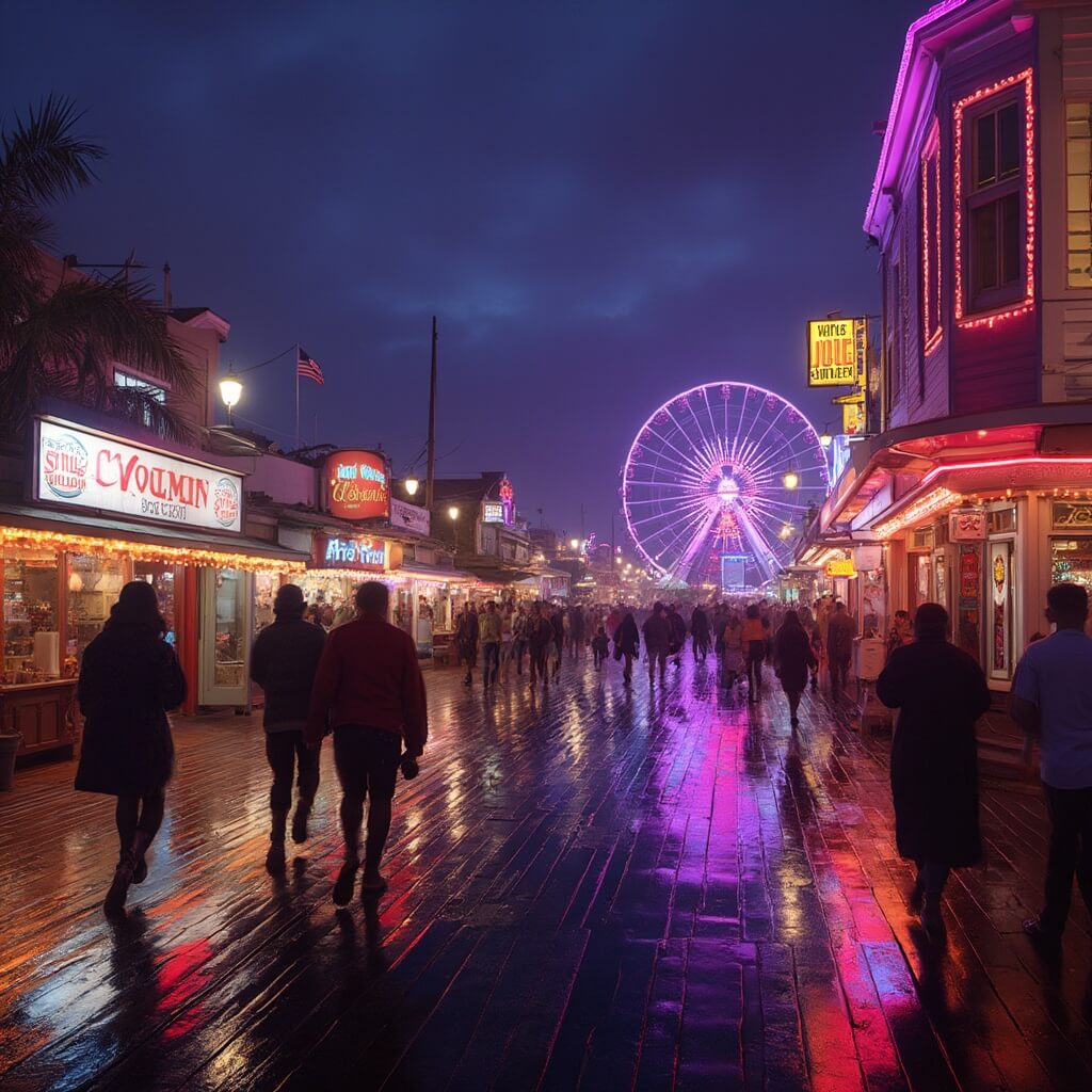 Dusk photo of Ocean City boardwalk bustling with activity, neon lights reflecting off wet wooden planks, couples walking past illuminated shops, and iconic glowing Ferris wheel against a deep purple sky.