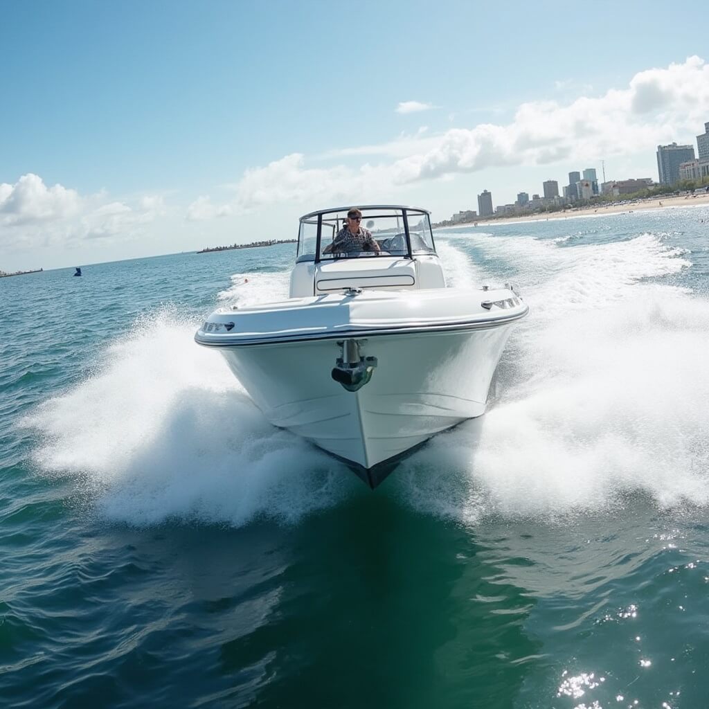Speedboat racing through waves with water spray and Ocean City skyline in the background