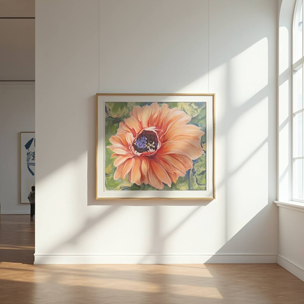 Iconic Georgia O'Keeffe flower painting on display in a softly lit gallery at her museum