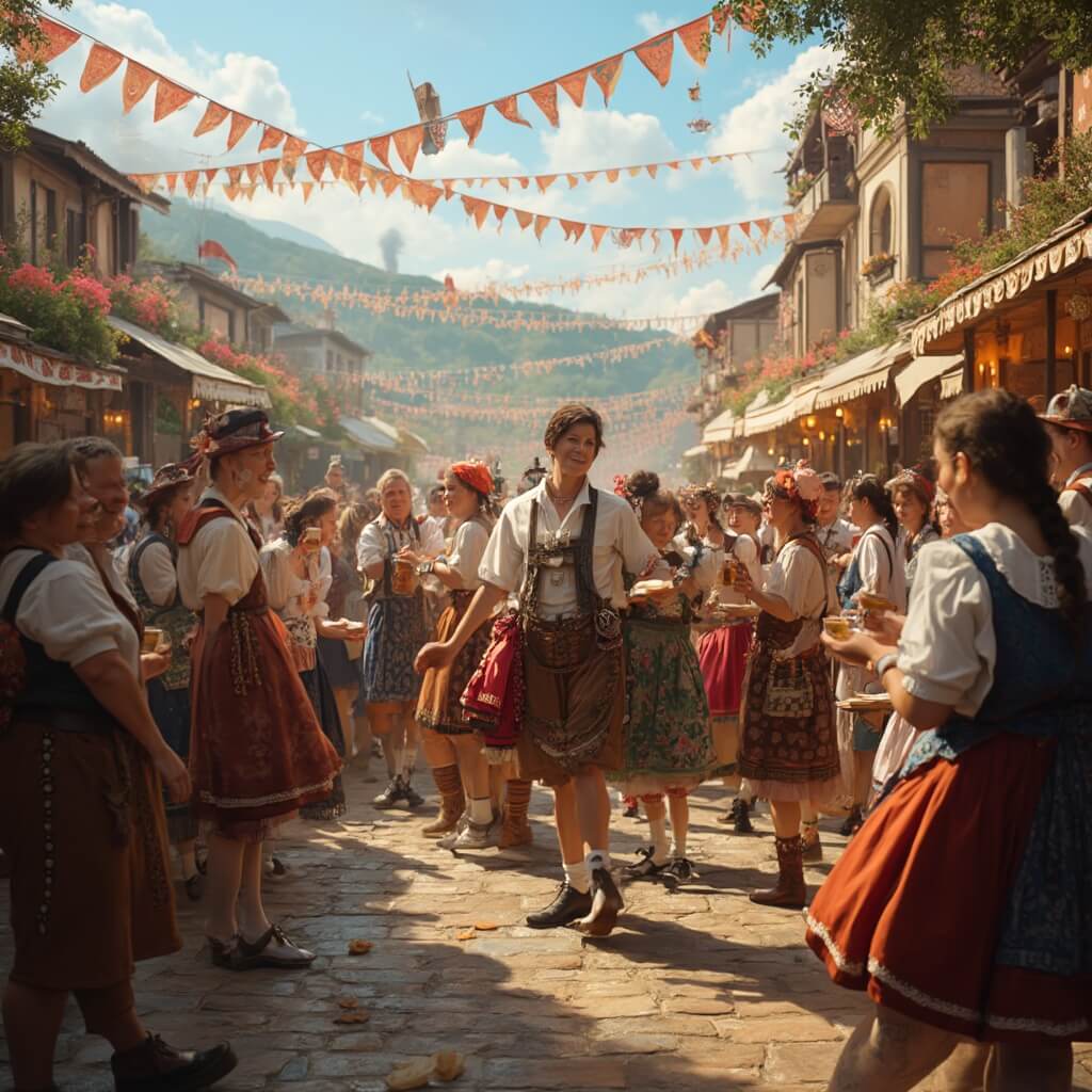 Vibrant Oktoberfest celebration on bustling festival grounds with crowd in traditional Bavarian costumes, holding beer steins, surrounded by festive decor, engaging in traditional music and dance