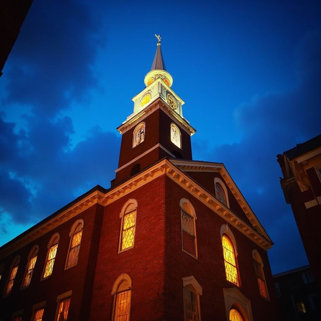 Old North Church at dusk, its white spire illuminated against a twilight sky, with warm light spilling from its windows
