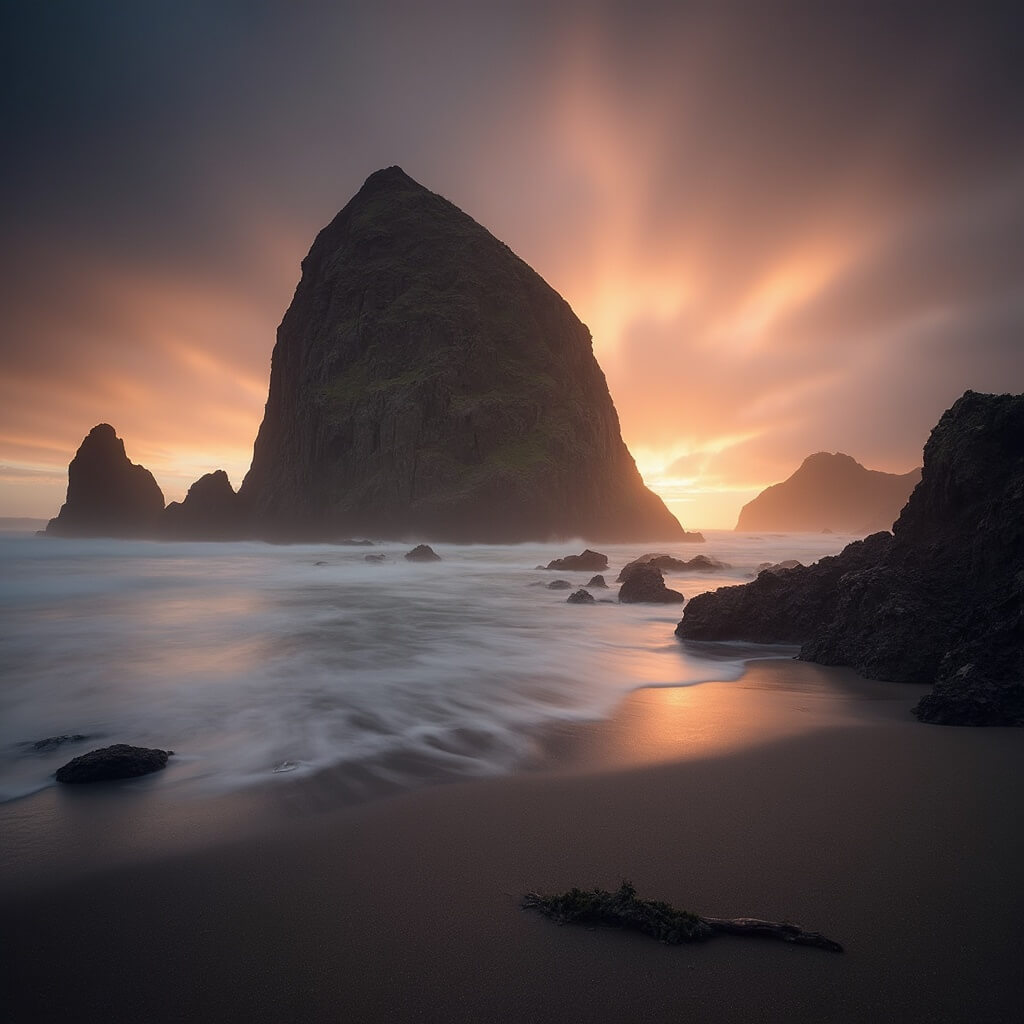 Haystack Rock towering over misty golden ocean at sunset, coastal Oregon scene with sandy beach