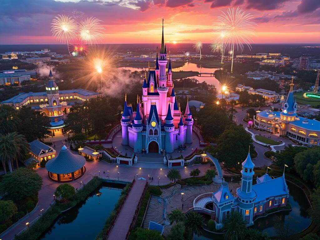 "Aerial sunset view of Orlando showcasing Disney Magic Kingdom Castle, Universal's Hogwarts Castle, SeaWorld's blue towers, Gatorland's sign, Wekiwa Springs and Blue Springs State Park with theme park fireworks lighting the sky."