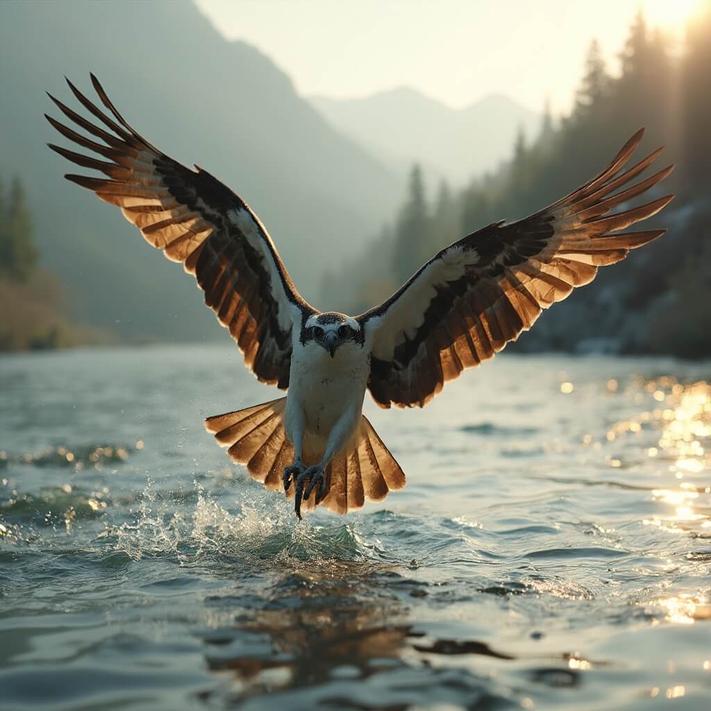 Osprey diving to catch trout in clear mountain river in early morning light with misty mountains in the background