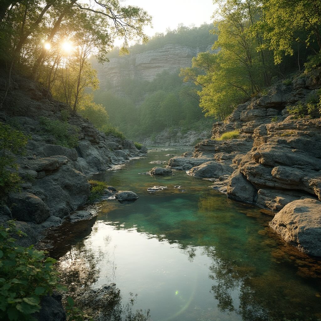 Tranquil spring area with clear water, surrounded by green foliage in Basin Spring Park, with rocky Ozark Mountains in the backdrop during golden hour