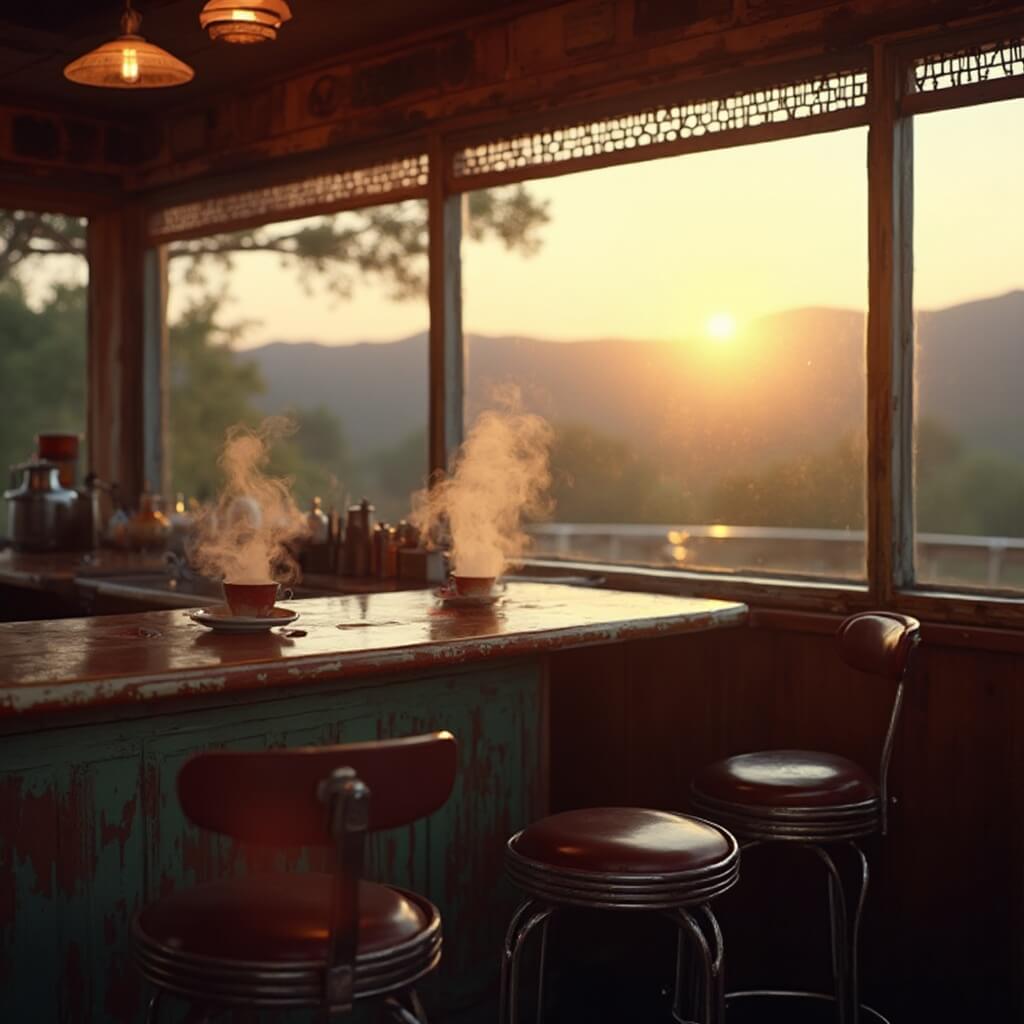 Interior of a rustic diner at sunrise, with steaming coffee cups, wooden countertops, vintage bar stools, and window view of the Ozark mountains in the golden hour glow