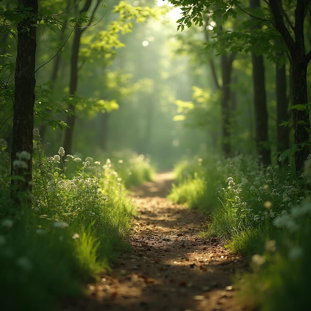 Winding trail through dense Ozark woods with dappled sunlight and wildflowers