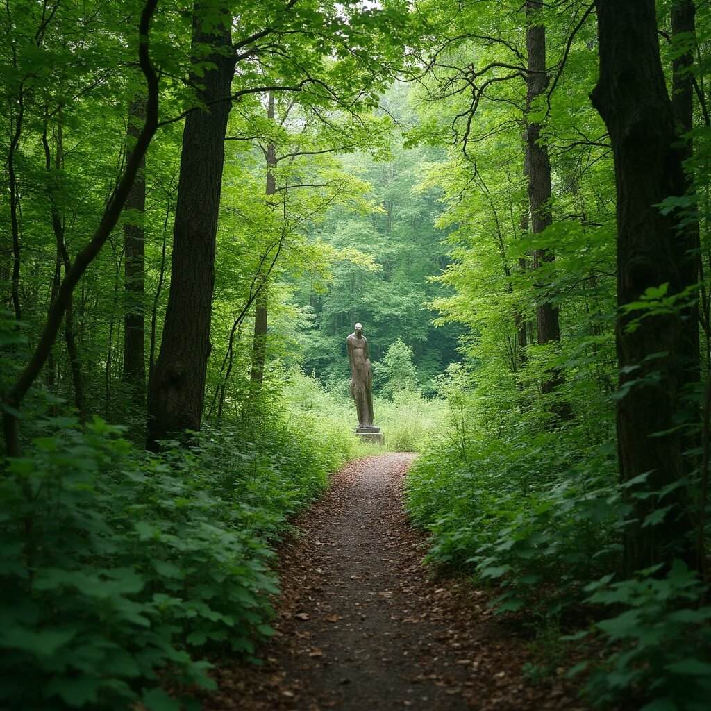 Winding hiking trail through lush Ozark forest with outdoor sculpture in the distance