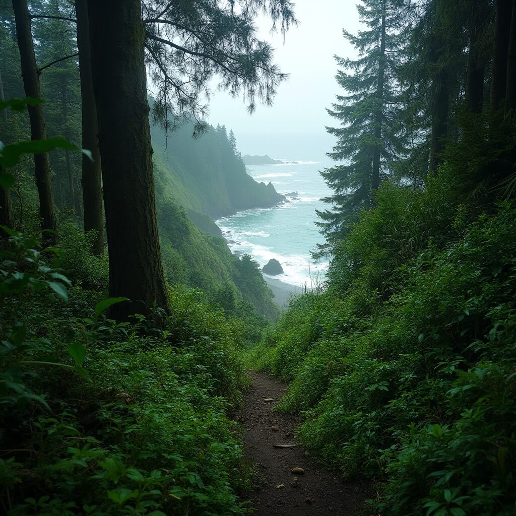 Lush hiking trail in Ecola State Park with view of Pacific coastline through ancient evergreen trees