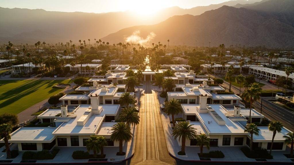 "Aerial view of Palm Springs at sunset, highlighting the contrast between the modern cityscape and desert landscape, featuring mid-century modern buildings, palm-lined streets, the Agua Caliente Hot Springs, and San Jacinto Mountains."