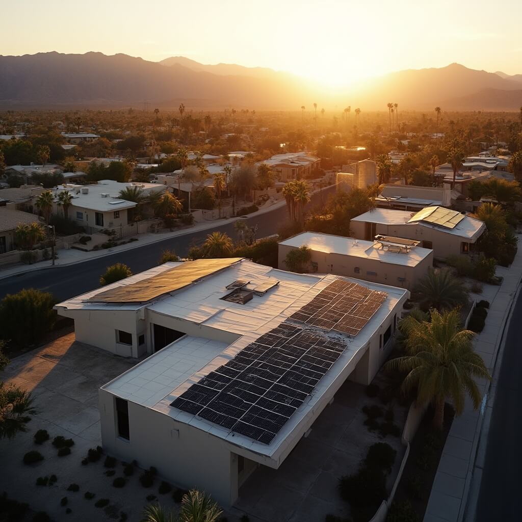 Aerial view of Palm Springs neighborhood with solar panels on rooftops during golden hour, with San Jacinto Mountains and geometric shadow patterns in the background