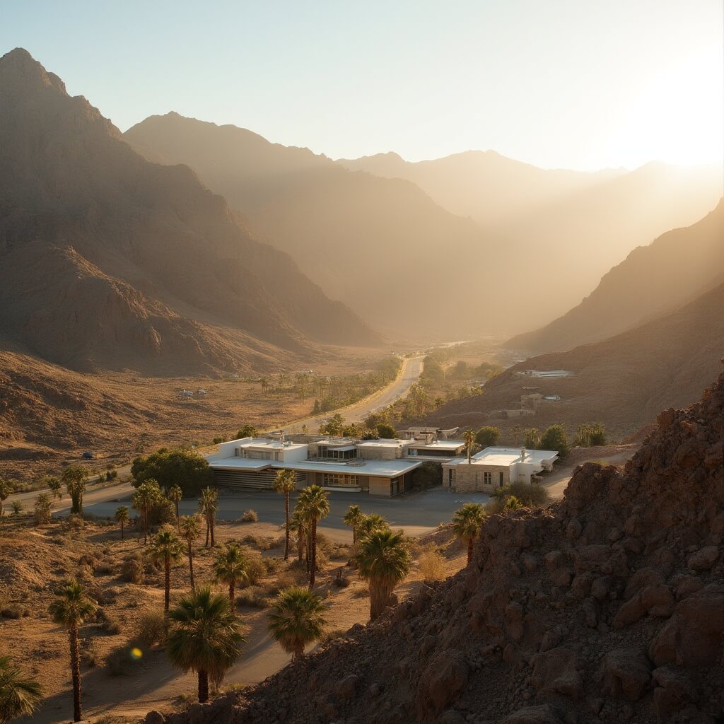 Palm Springs landscape at golden hour highlighting rugged mountains, desert valley, mid-century architecture, and long shadows