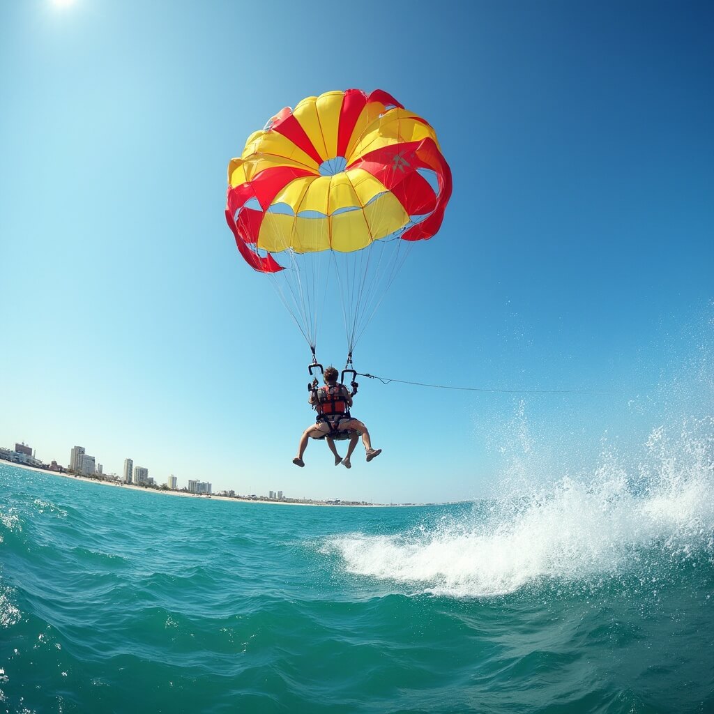 Parasailor soaring over South Padre Island with colorful parachute against blue waters and island landscape