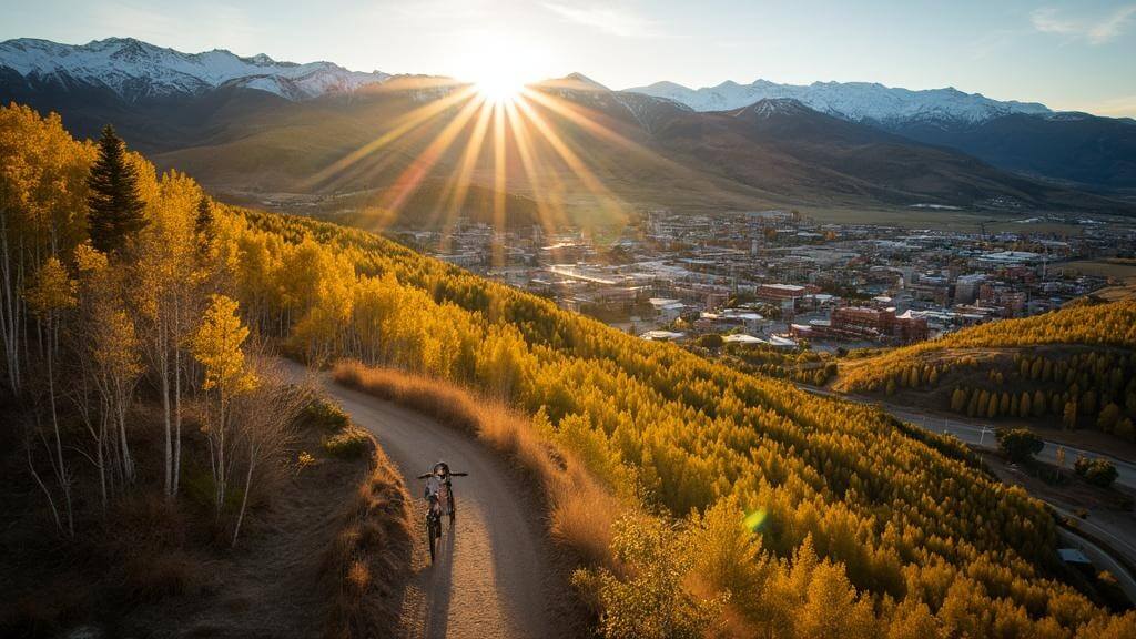 "Aerial view of Park City, Utah during golden hour, featuring snow-capped Wasatch Mountains, a mountain biker and hiker on trails through green aspen forests, historic Main Street, Deer Valley Resort and Utah Olympic Park ski jumps."