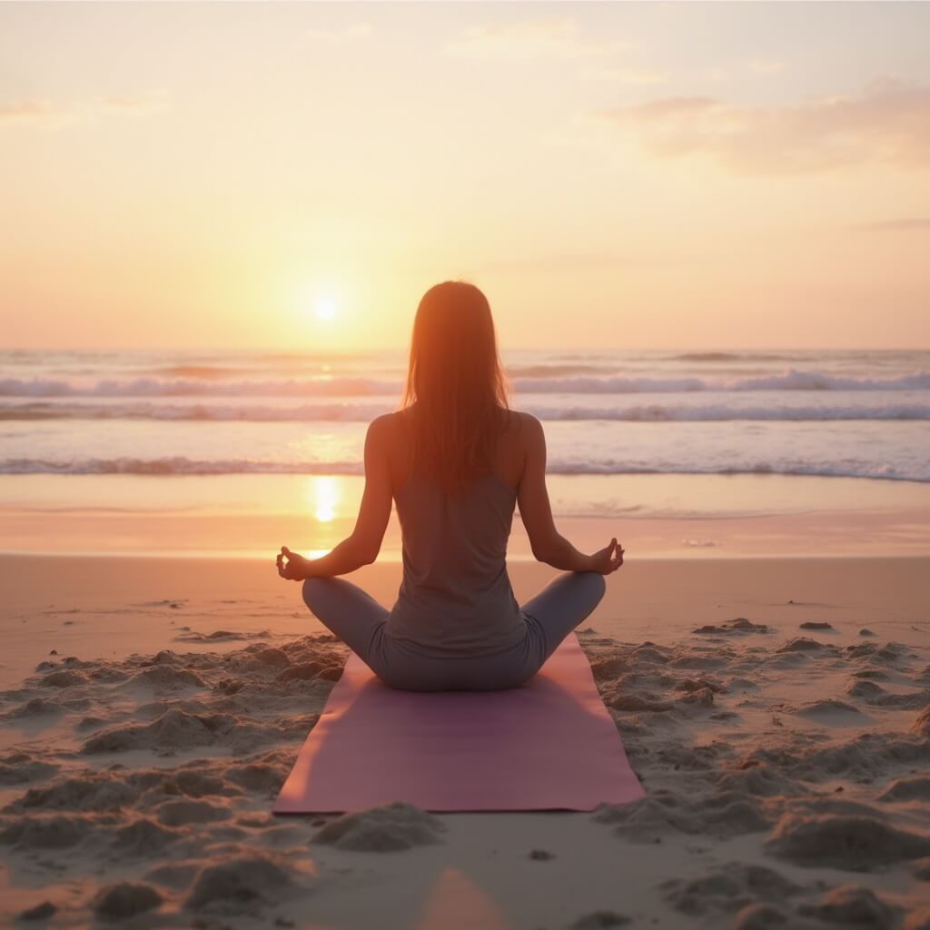 Person performing tranquil morning yoga on a deserted beach at sunrise with yoga mat facing the horizon, serene ocean waves and golden pink dawn light