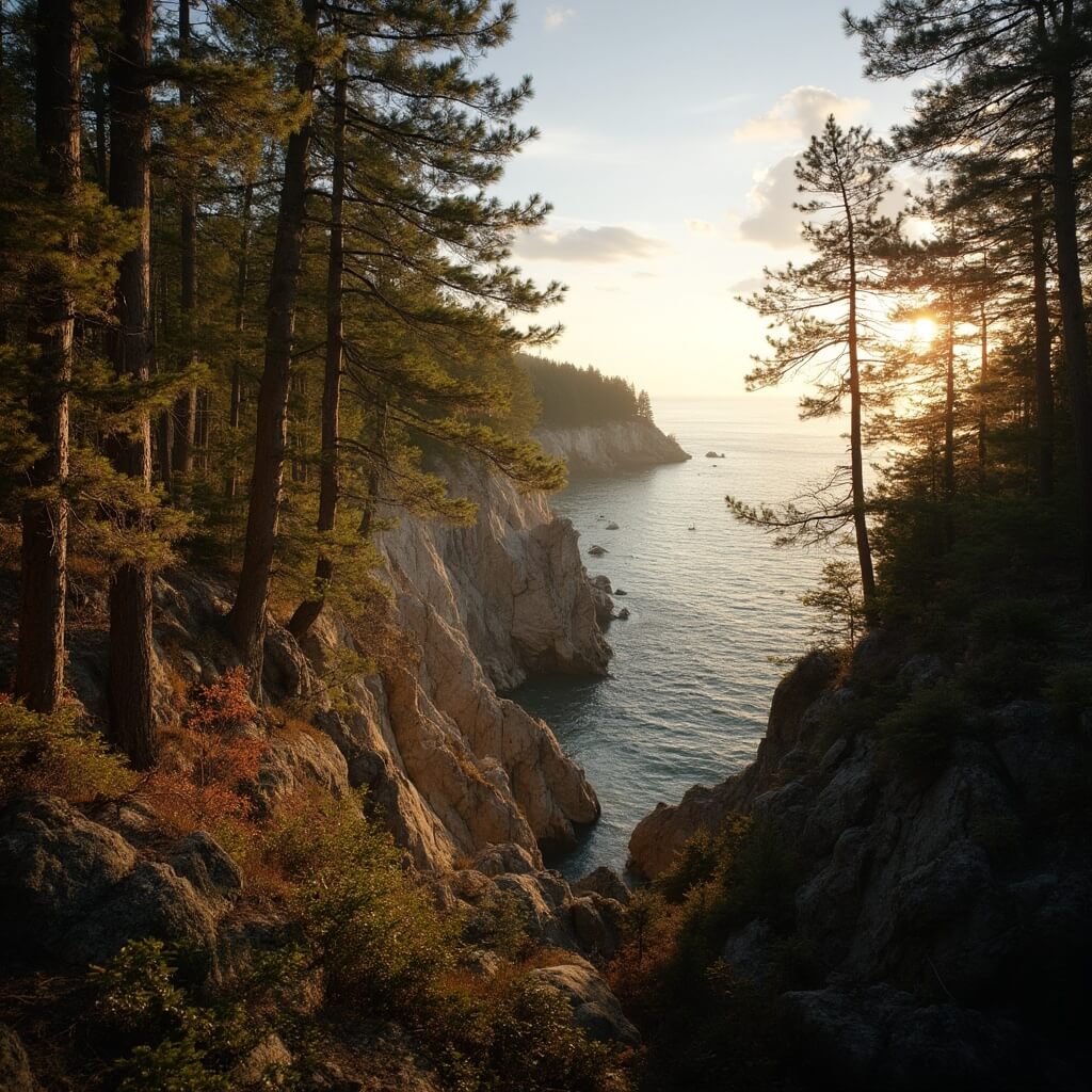 Golden hour at Peninsula State Park showcasing old-growth forests, limestone cliffs, and distant Lake Michigan shoreline with warm sunlight filtering through trees