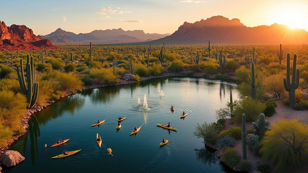 "Golden hour panoramic view of Phoenix showcasing Saguaro Lake, Desert Botanical Garden, and Encanto Park, with kayakers, hikers, and unique desert flora in warm sunset light."