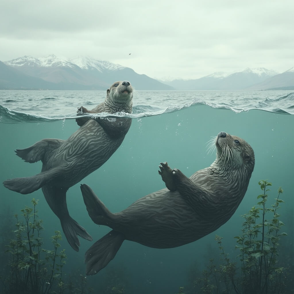 Sea otters frolicking amidst kelp in a coastal marine ecosystem with mountain range backdrop under a soft overcast sky