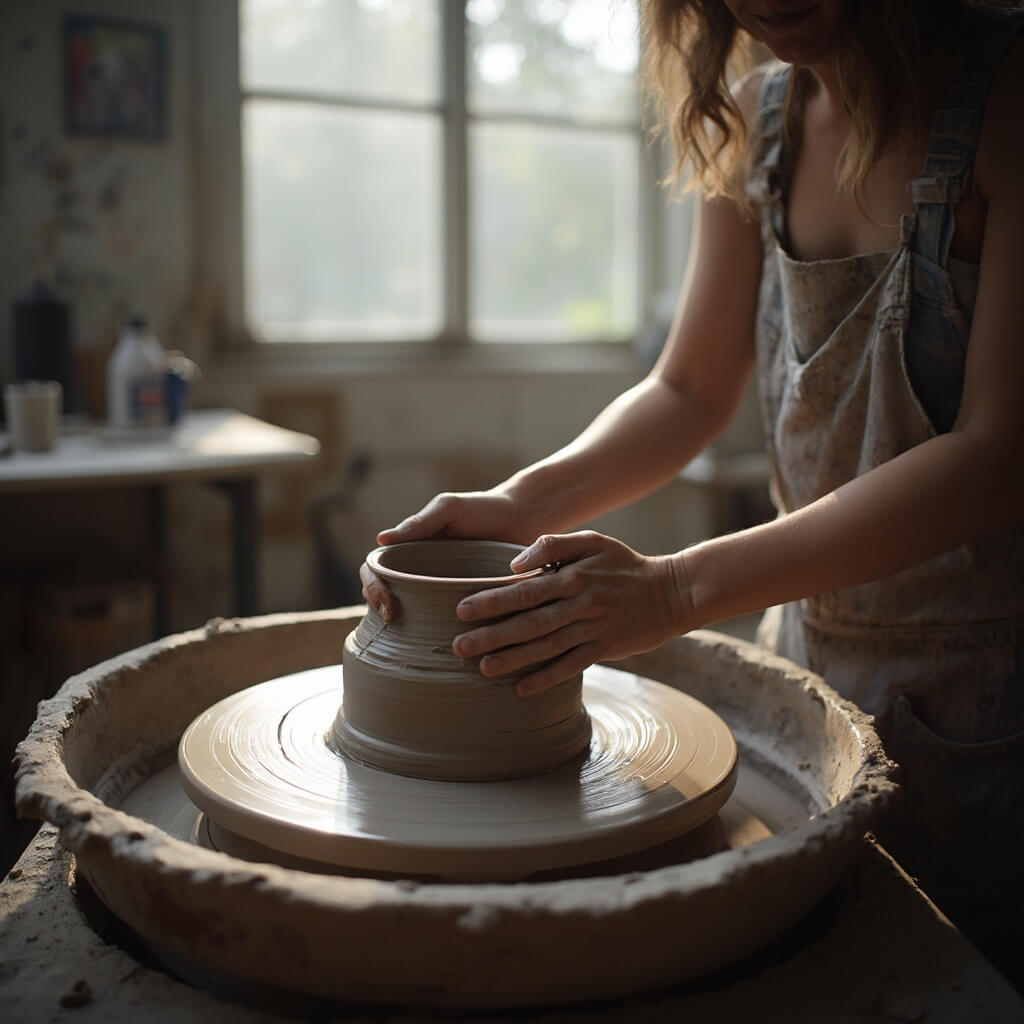 Hands shaping clay on a pottery wheel in a well-lit art workshop with art studio materials blurred in the background