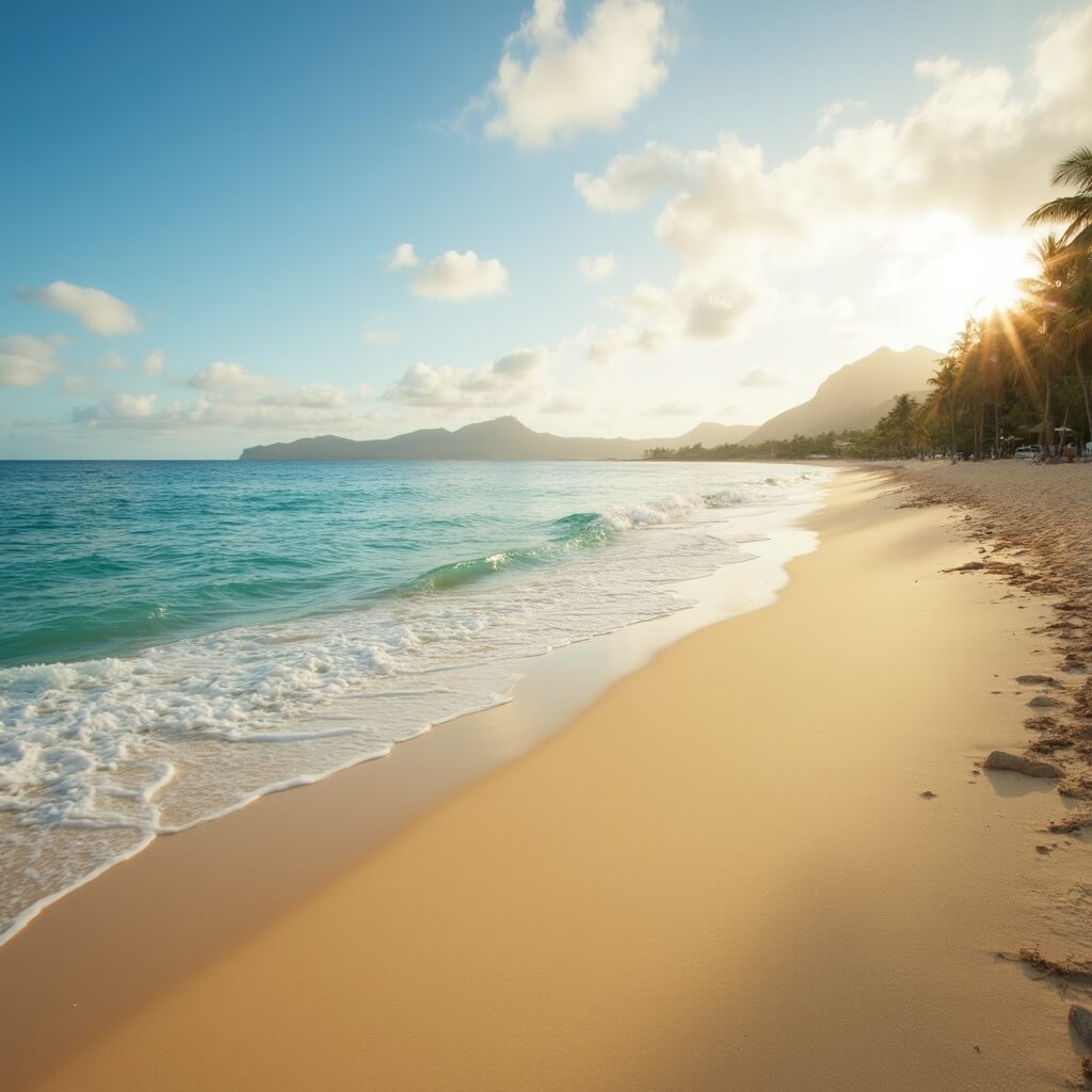 Empty Waikiki Beach with gentle waves, smooth sand, distant volcanic mountains and clear turquoise water reflecting early morning sunlight
