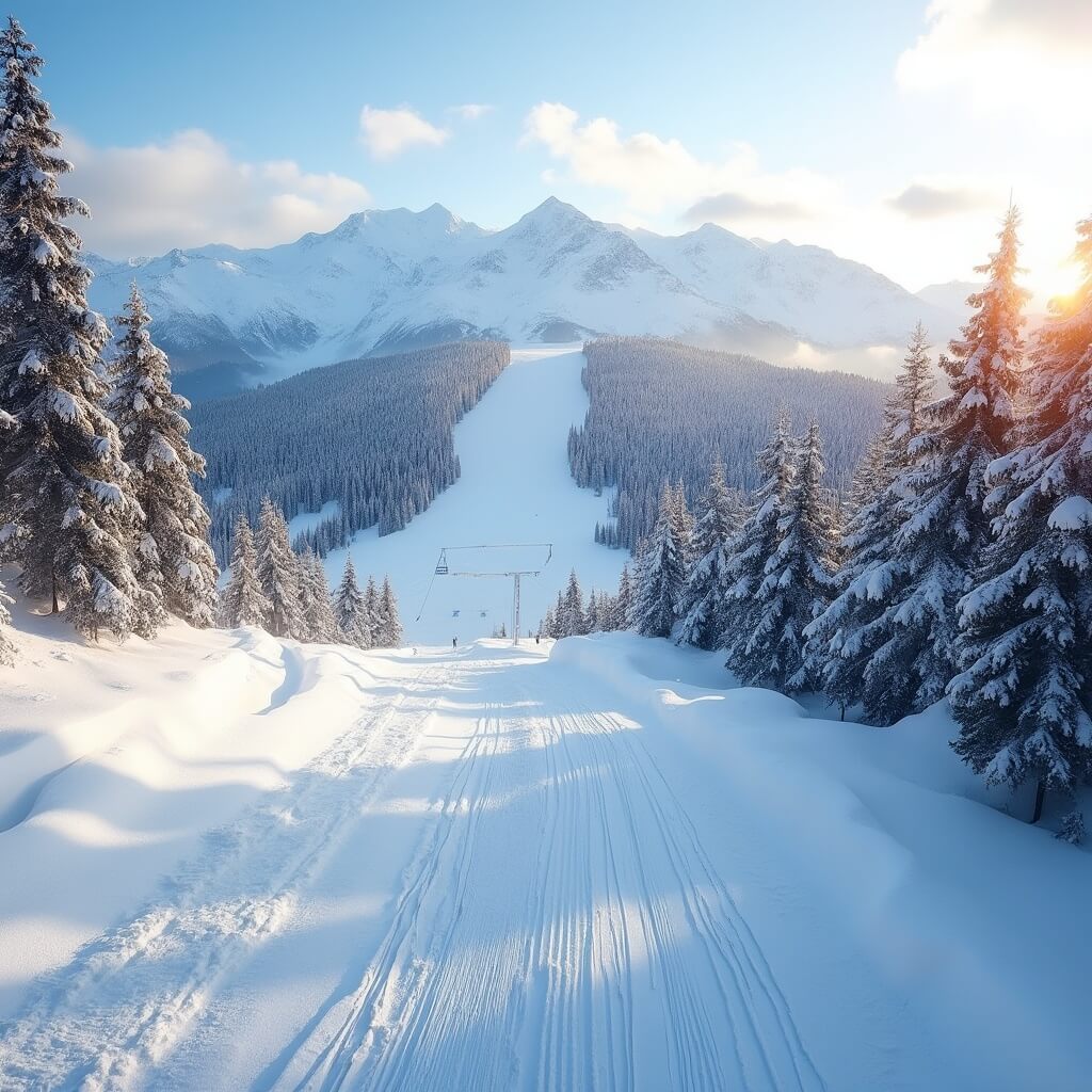 Early morning ski slope with groomed trails through pine forest, untouched snow, and mountain peaks in the background