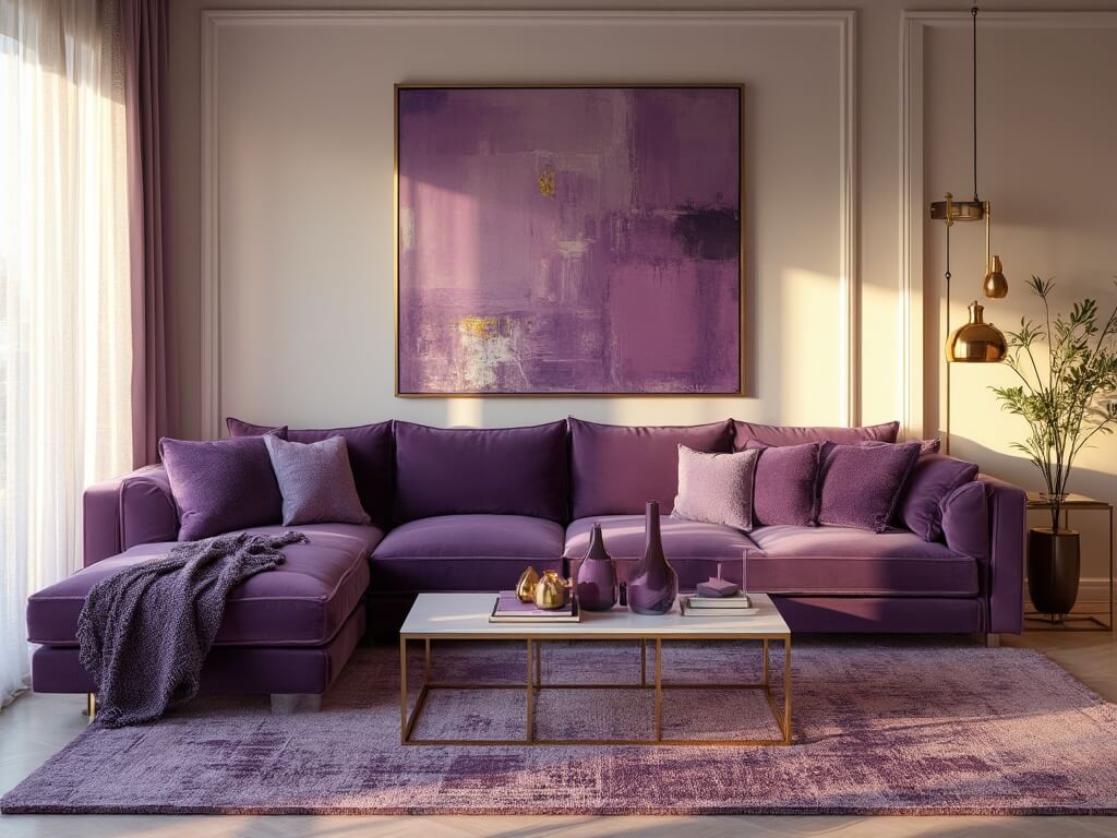 "Luxurious living room in warm golden light with deep plum velvet sofa, brass fixtures, and purple-themed décor."
