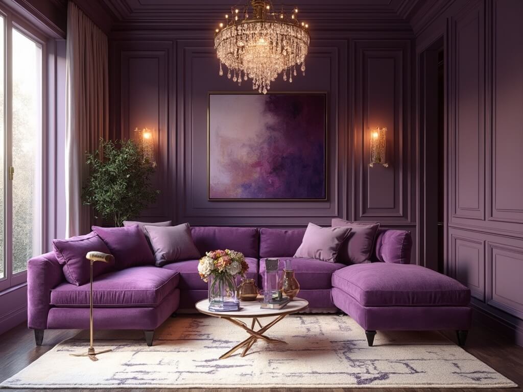 "Luxurious purple-themed living room with opulent furnishings, natural lighting, modern art pieces, and metallic accents"